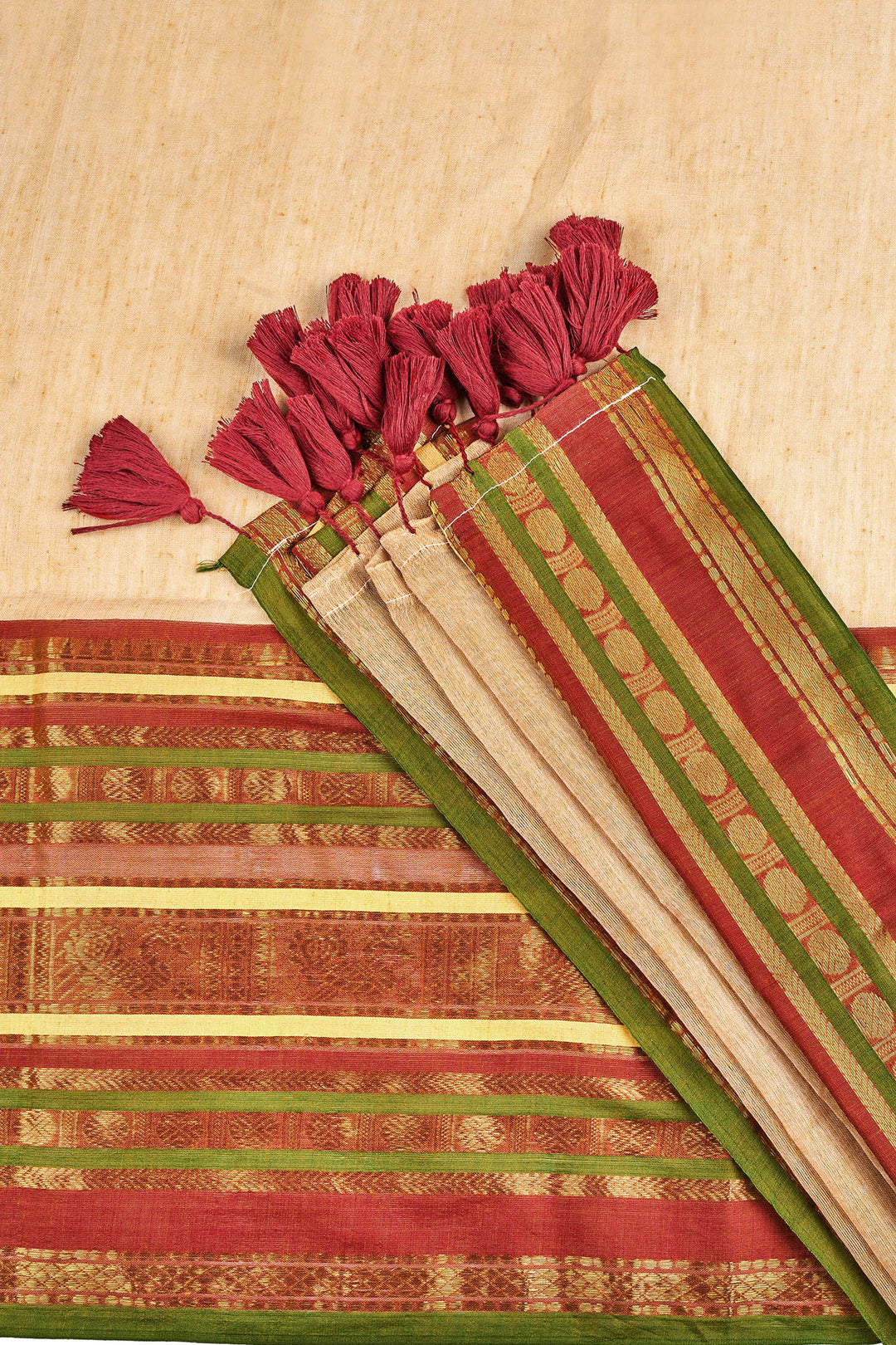 Teejh Sahya Off white, Pink and Green Mul Cotton Saree