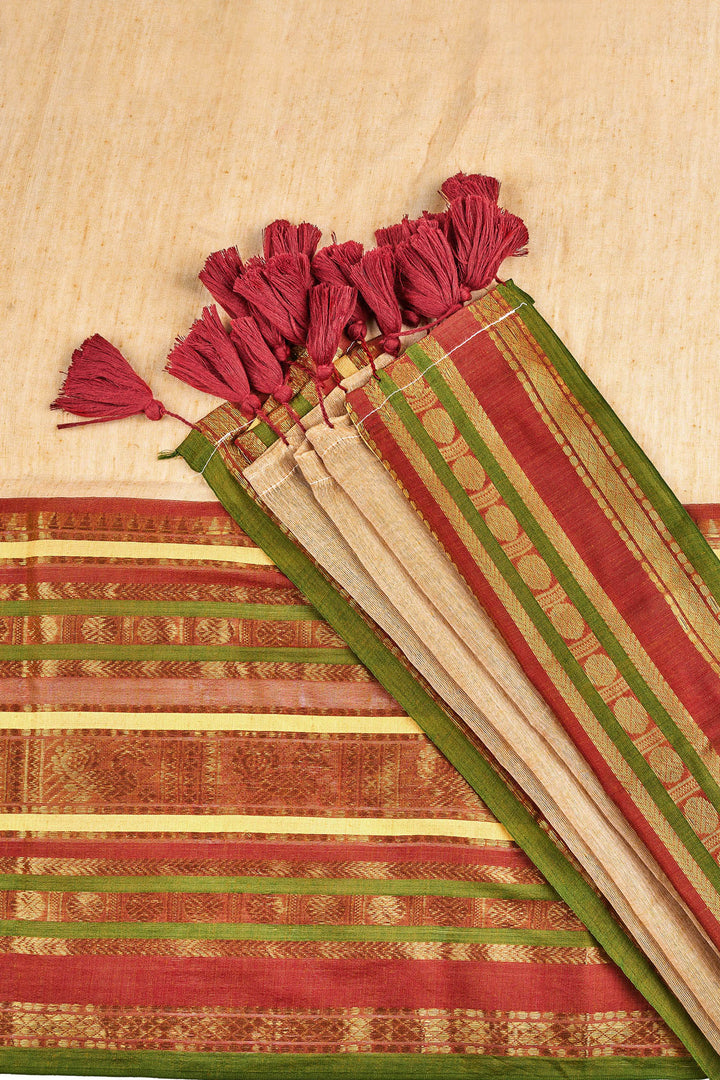 Teejh Sahya Off white, Pink and Green Mul Cotton Saree