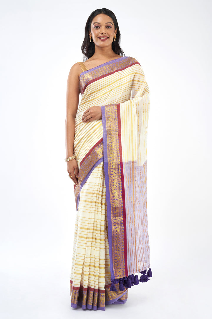 Teejh Malya Off white and Purple Zari Stripes Mul Cotton Saree