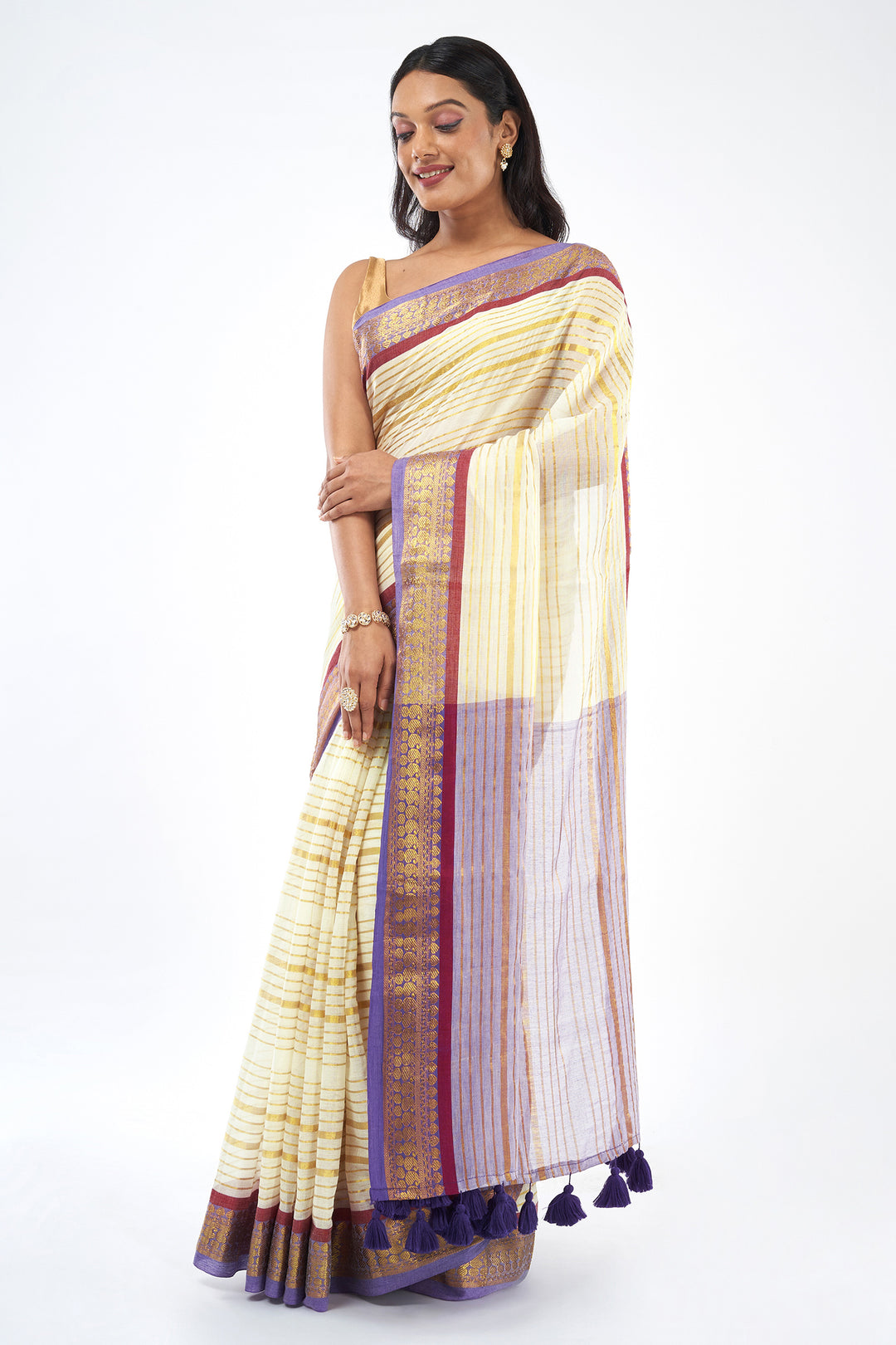 Teejh Malya Off white and Purple Zari Stripes Mul Cotton Saree