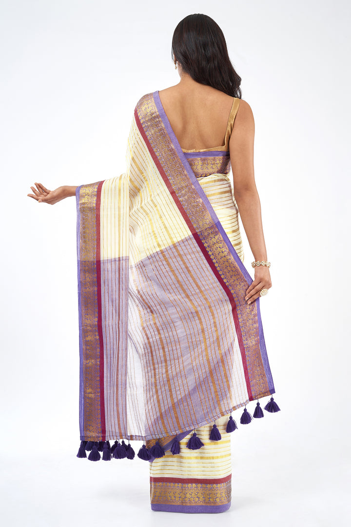 Teejh Malya Off white and Purple Zari Stripes Mul Cotton Saree