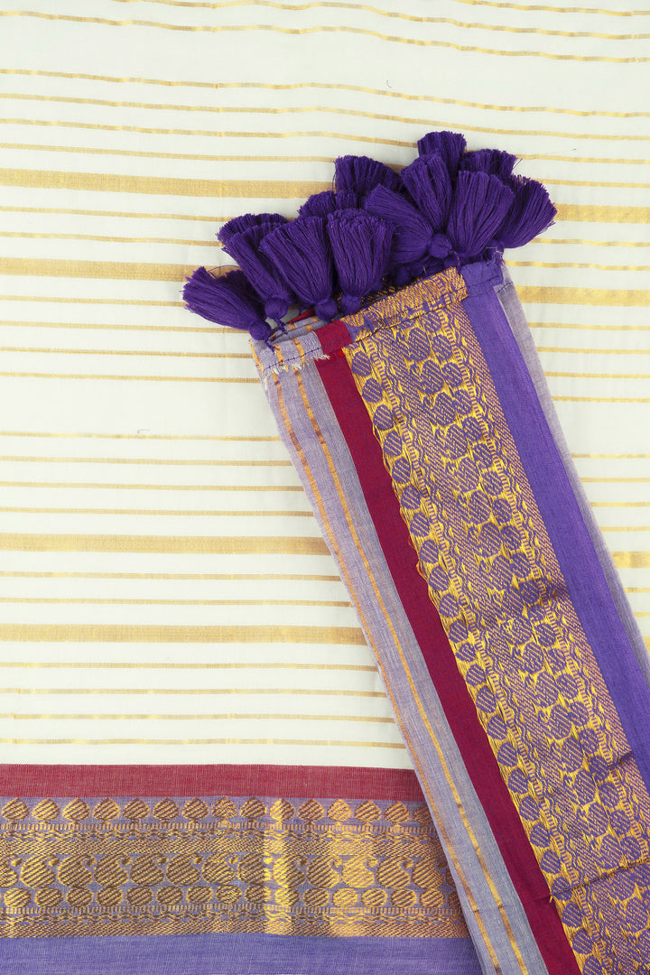 Teejh Malya Off white and Purple Zari Stripes Mul Cotton Saree