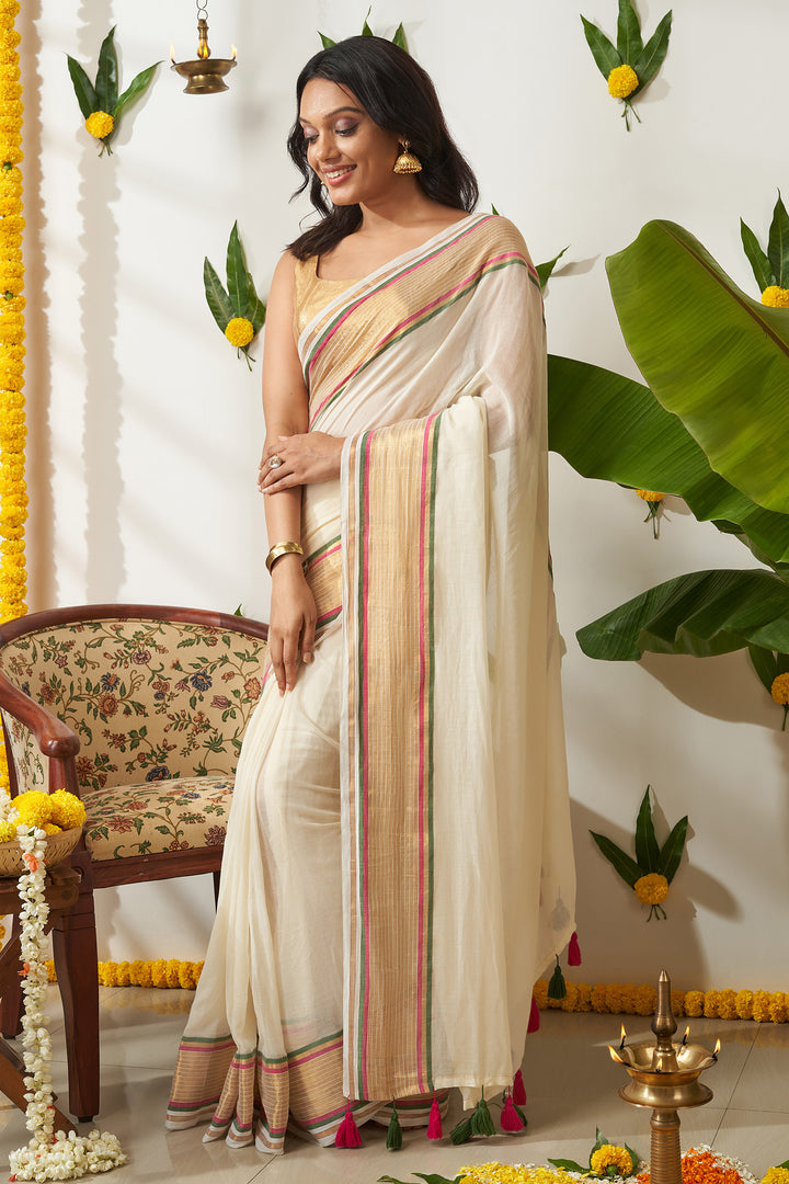Teejh Sahya Off white and Golden Mul Cotton Saree