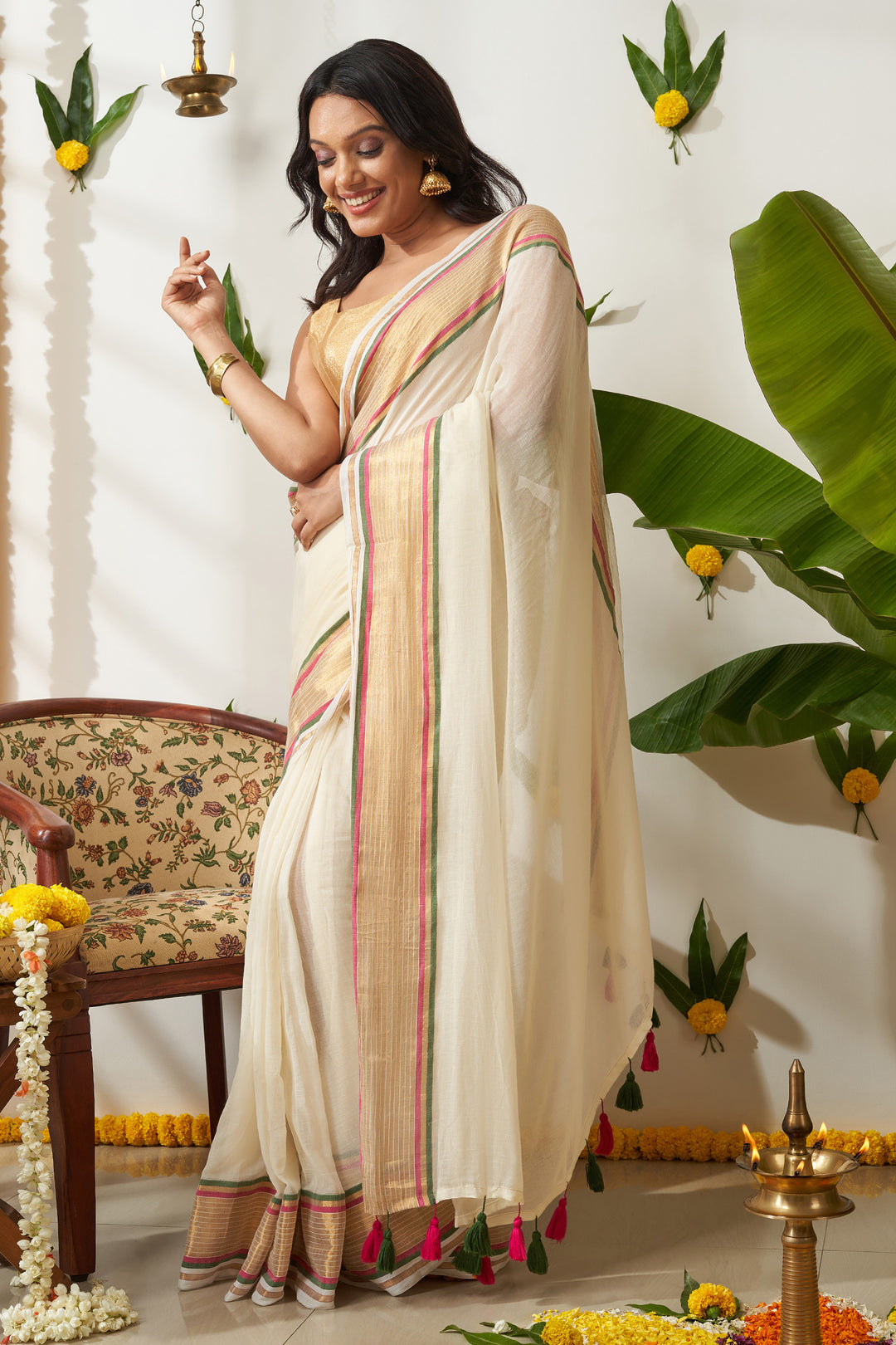 Teejh Sahya Off white and Golden Mul Cotton Saree