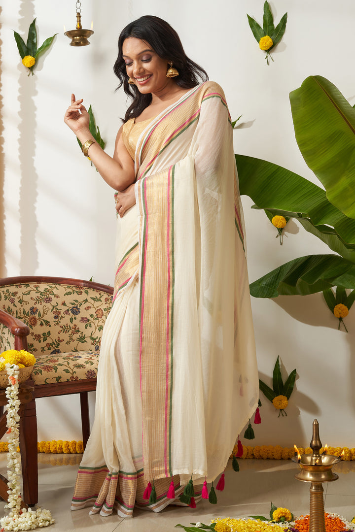 Teejh Sahya Off white and Golden Mul Cotton Saree