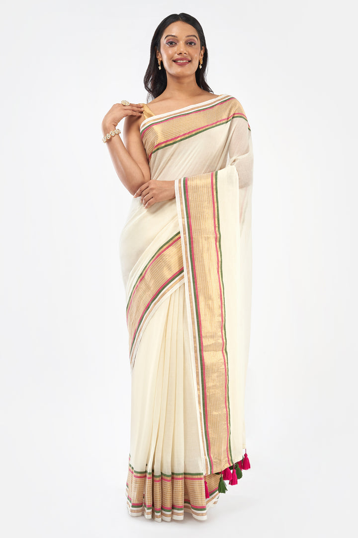 Teejh Sahya Off white and Golden Mul Cotton Saree