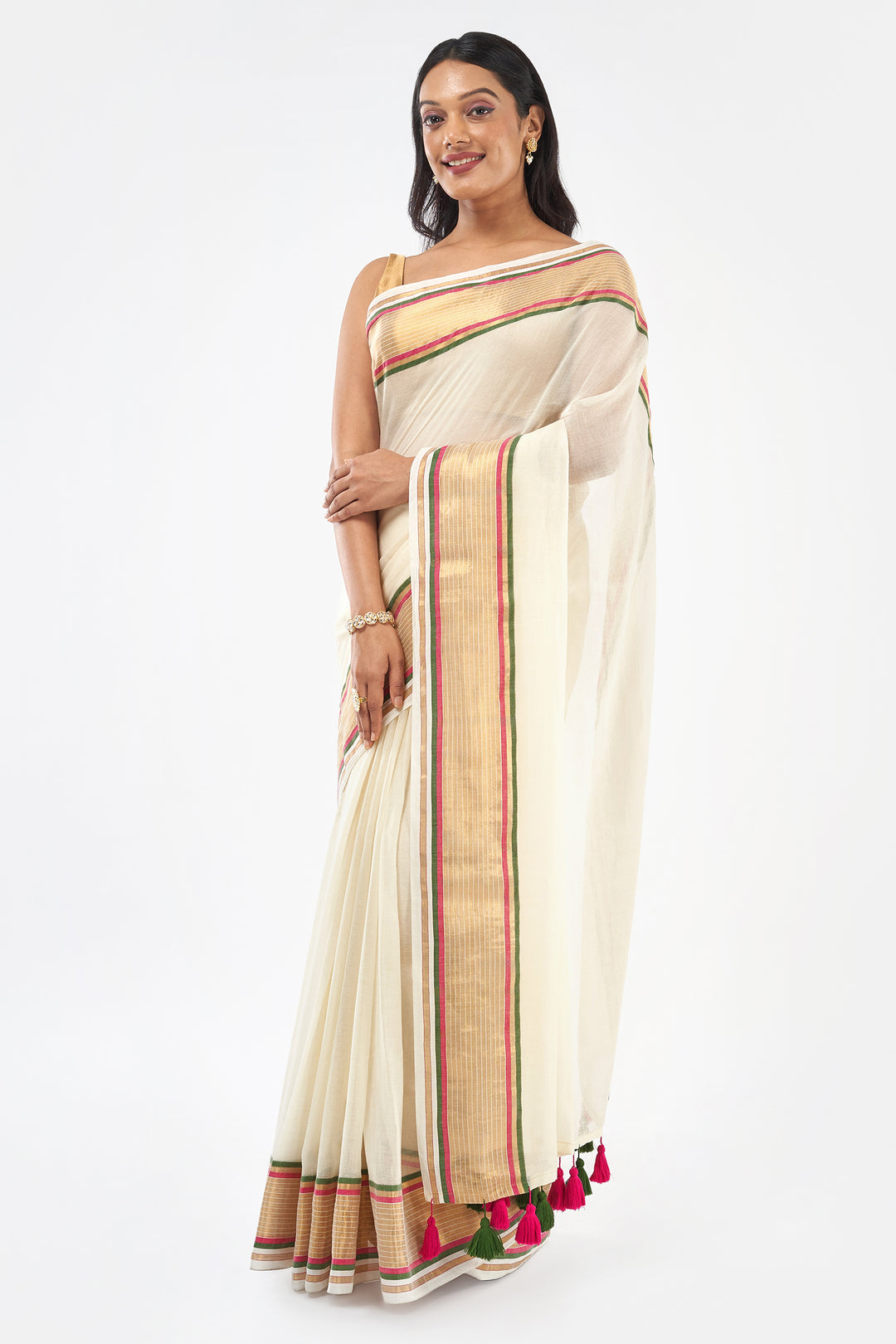 Teejh Sahya Off white and Golden Mul Cotton Saree