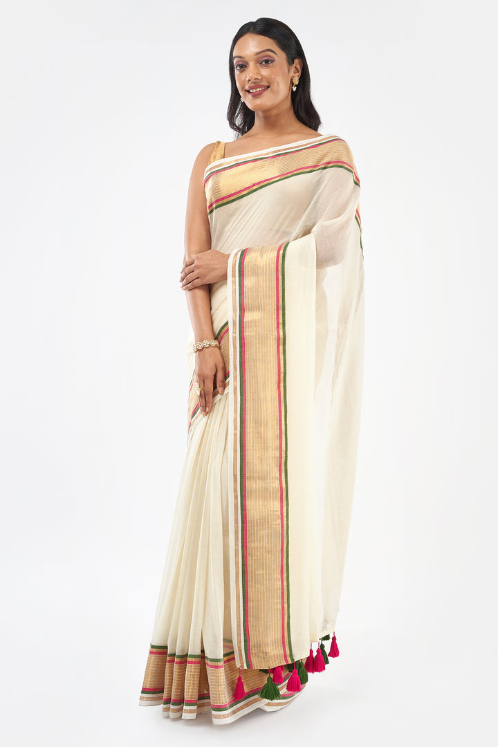 Teejh Sahya Off white and Golden Mul Cotton Saree
