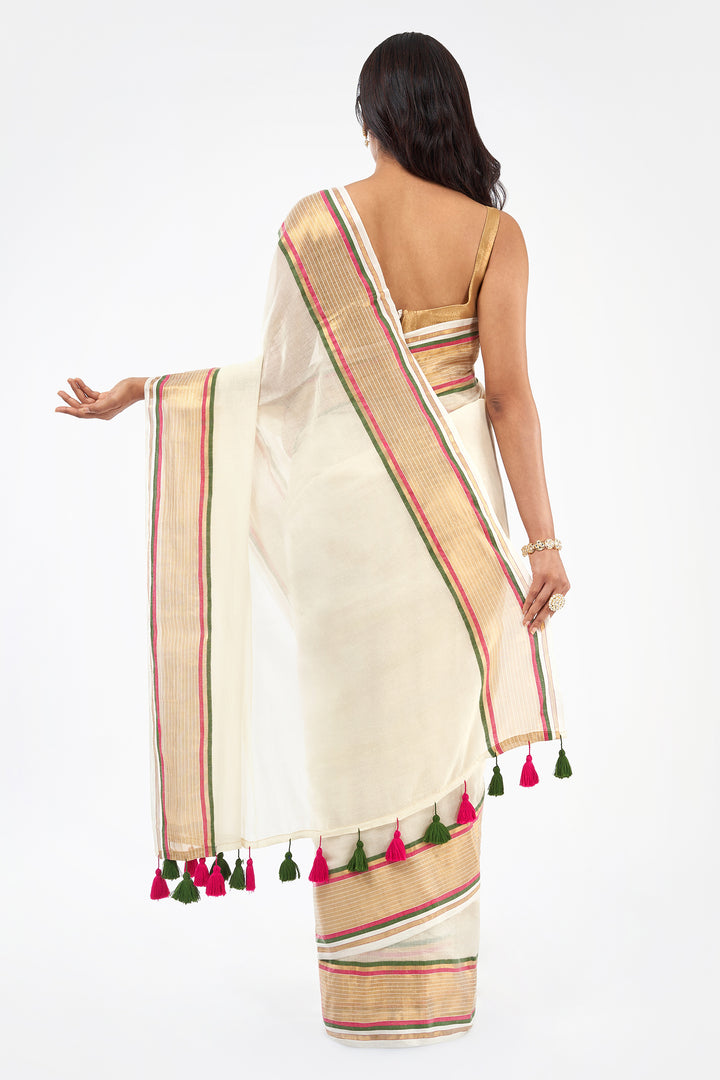 Teejh Sahya Off white and Golden Mul Cotton Saree