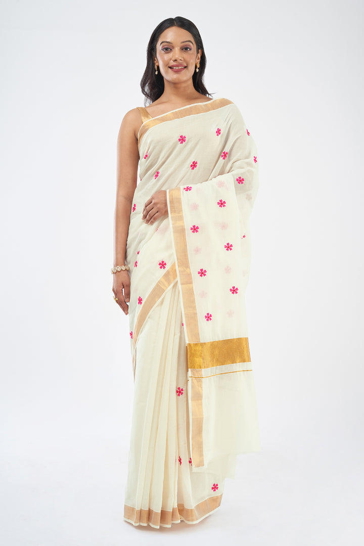 Teejh Pookal Off white and Pink Floral Tassel Saree