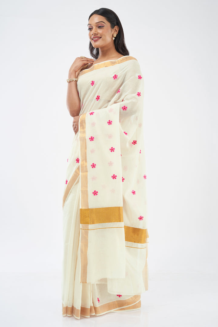 Teejh Pookal Off white and Pink Floral Tassel Saree