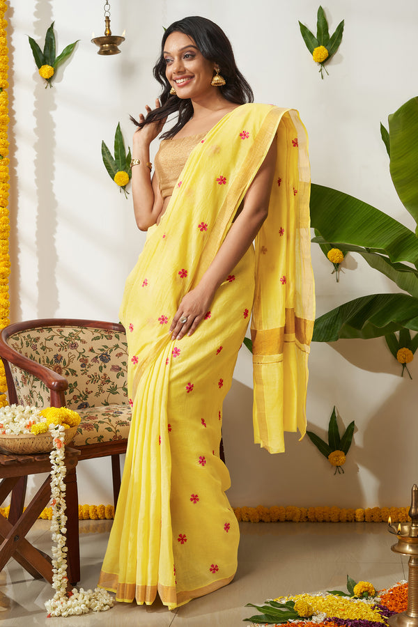 Teejh Pookal Off white and Yellow Floral Tassel Saree