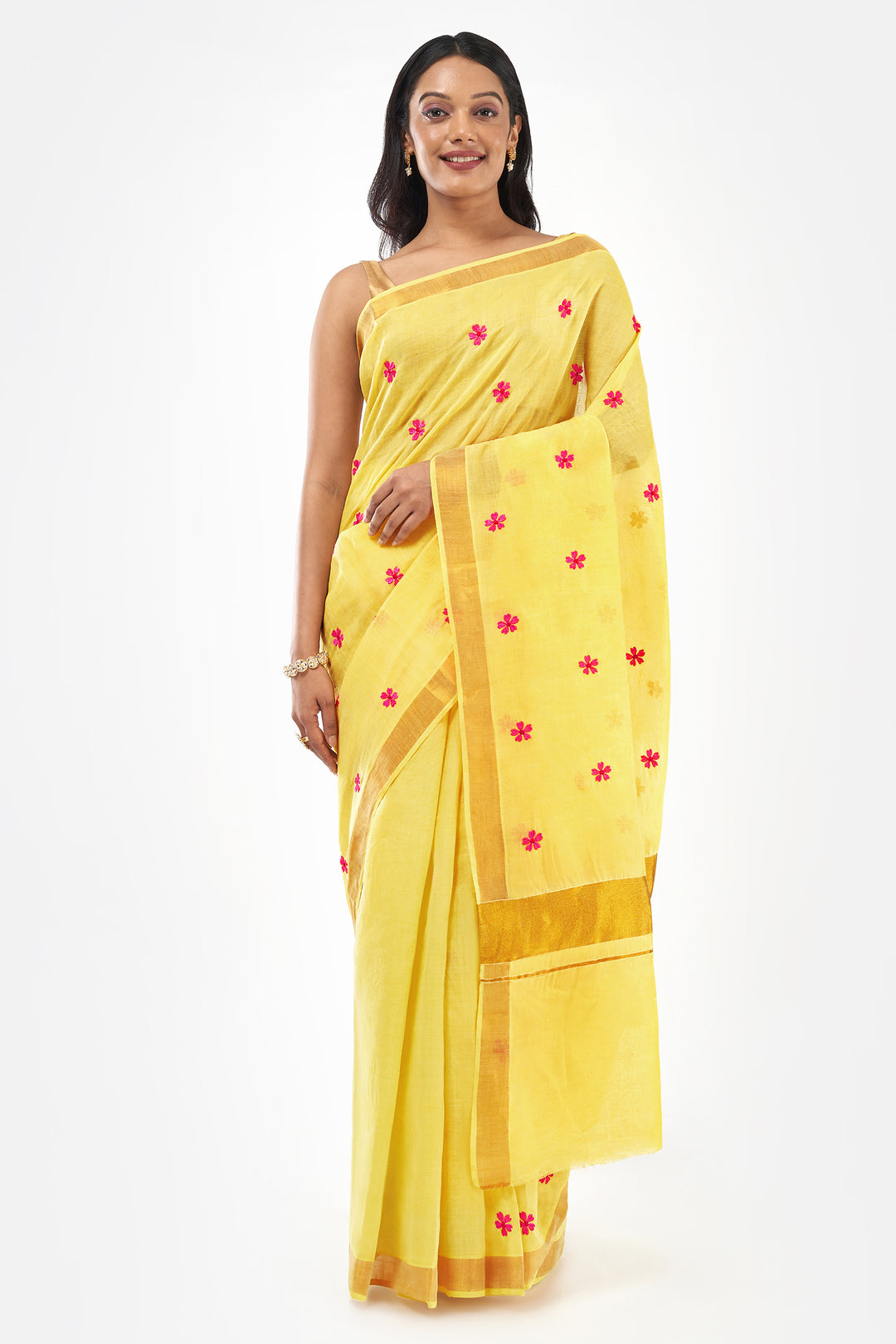 Teejh Pookal Off white and Yellow Floral Tassel Saree