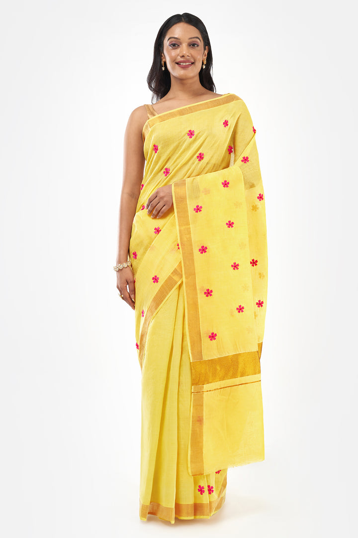 Teejh Pookal Off white and Yellow Floral Tassel Saree