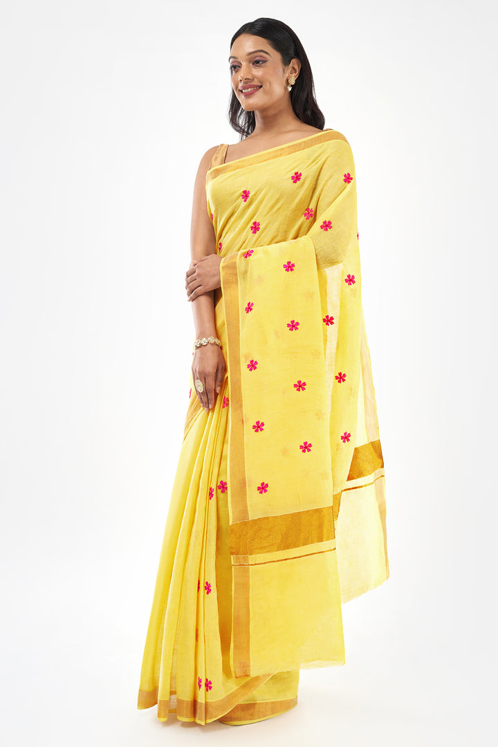 Teejh Pookal Off white and Yellow Floral Tassel Saree