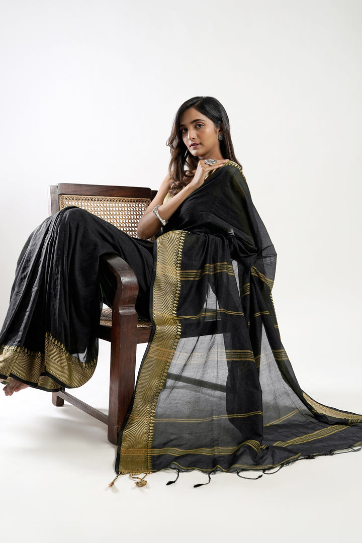 Teejh Midnight Muse Black Mulmul cotton weaving Saree with Blouse Piece