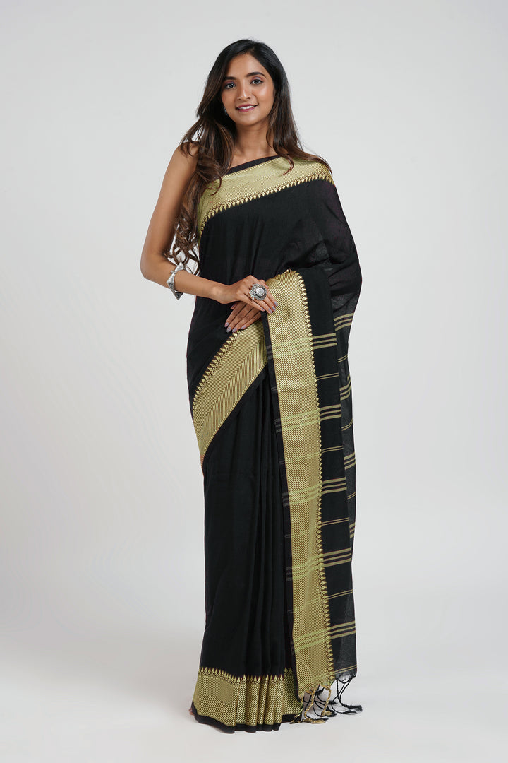 Teejh Midnight Muse Black Mulmul cotton weaving Saree with Blouse Piece