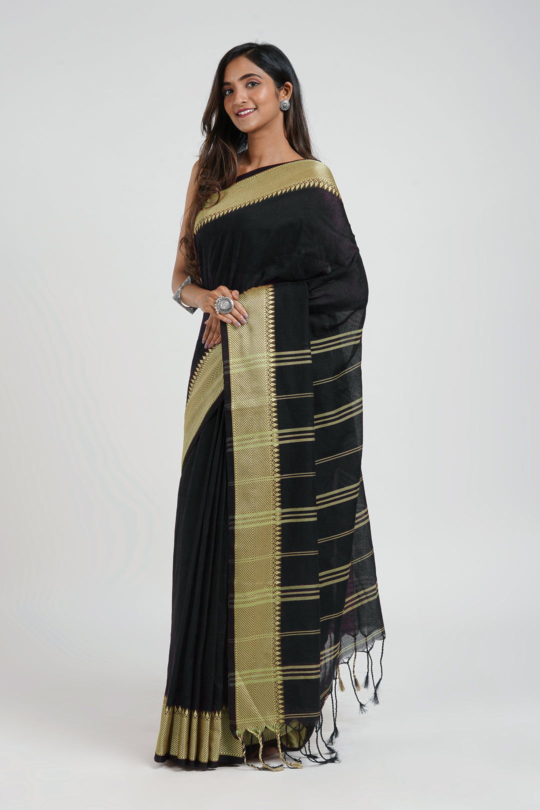 Teejh Midnight Muse Black Mulmul cotton weaving Saree with Blouse Piece
