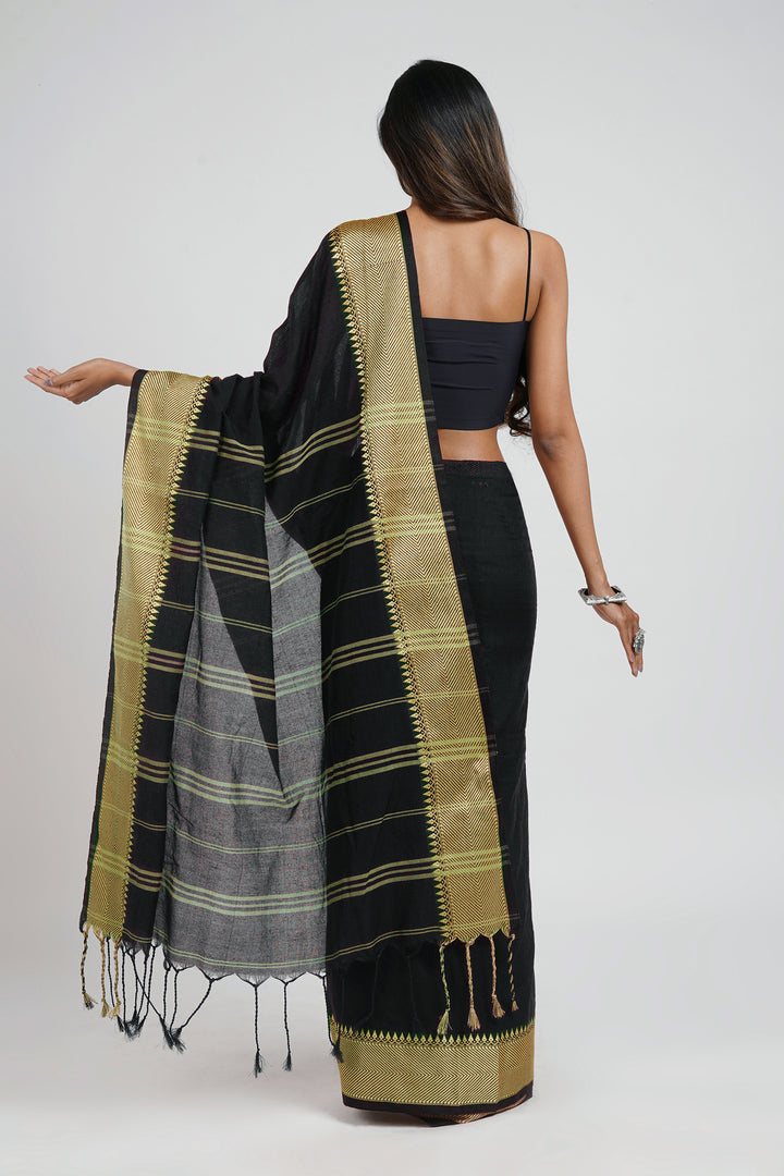 Teejh Midnight Muse Black Mulmul cotton weaving Saree with Blouse Piece