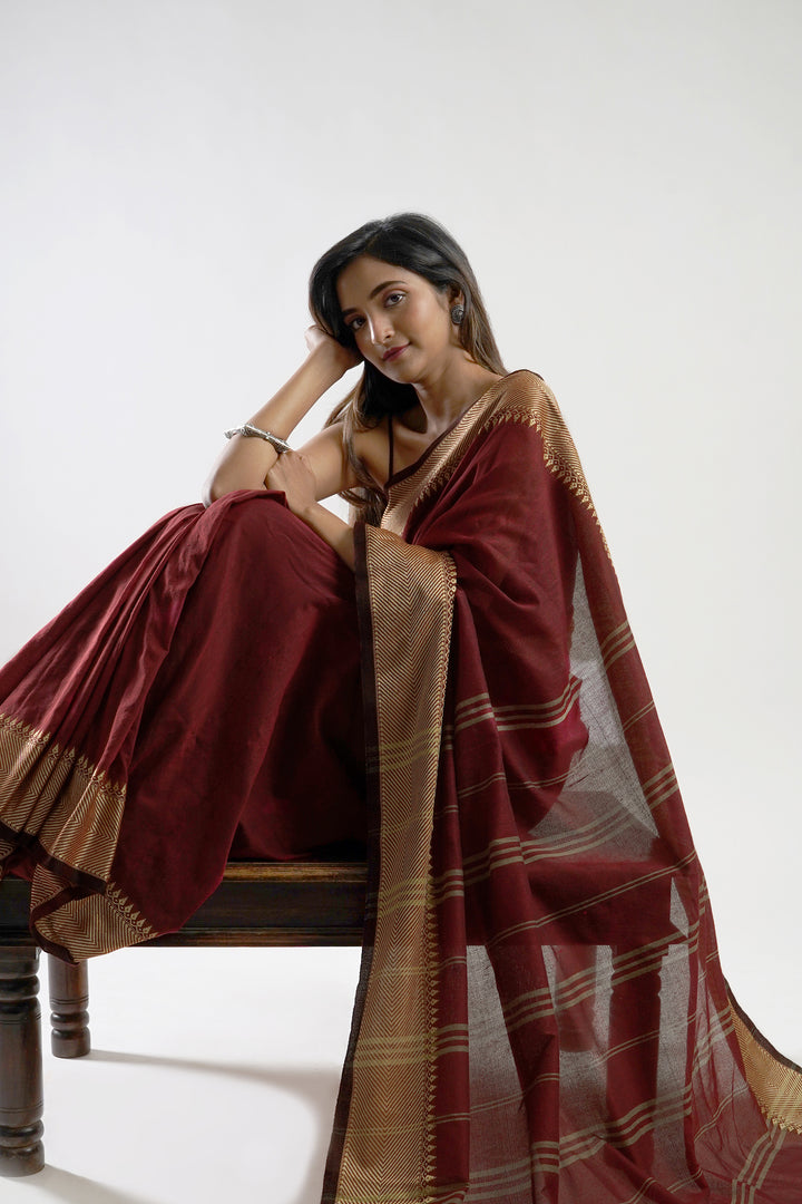 Teejh Magical Maroon Mulmul Cotton Saree with Blouse Piece
