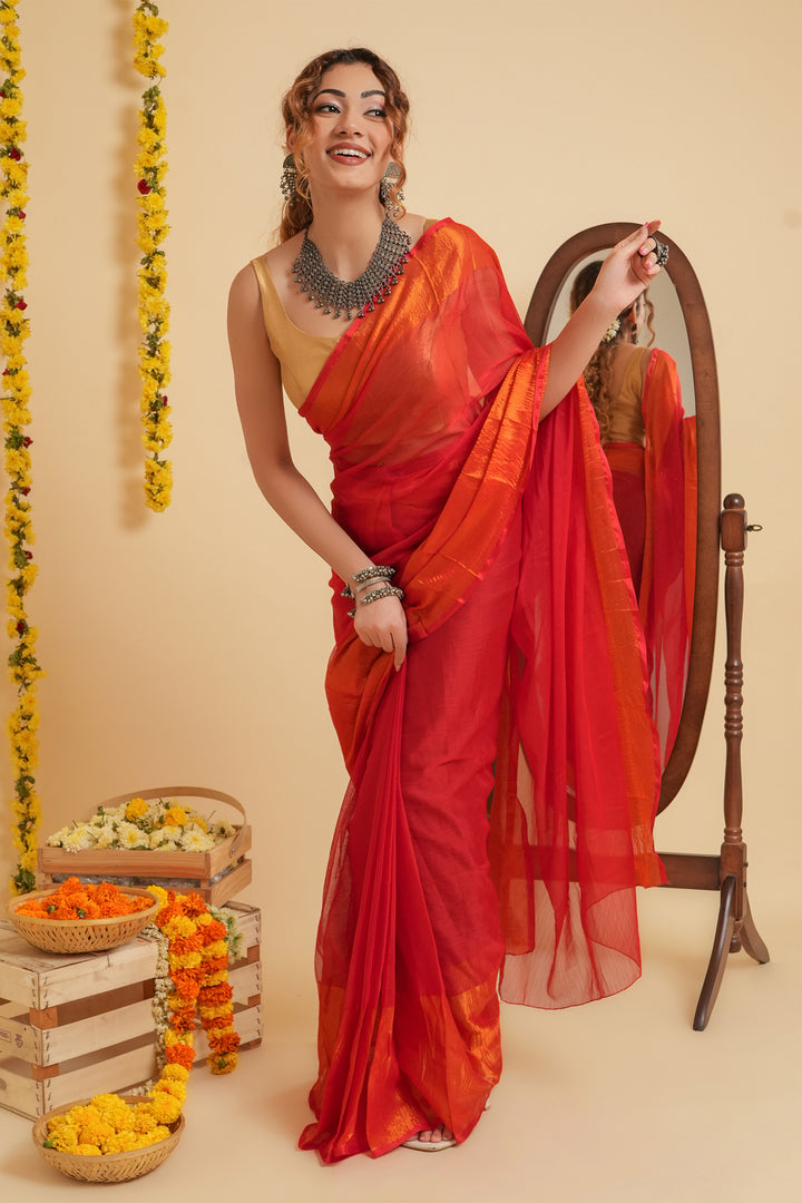 Teejh Sanah Red Chiffon Ready to Drape Saree