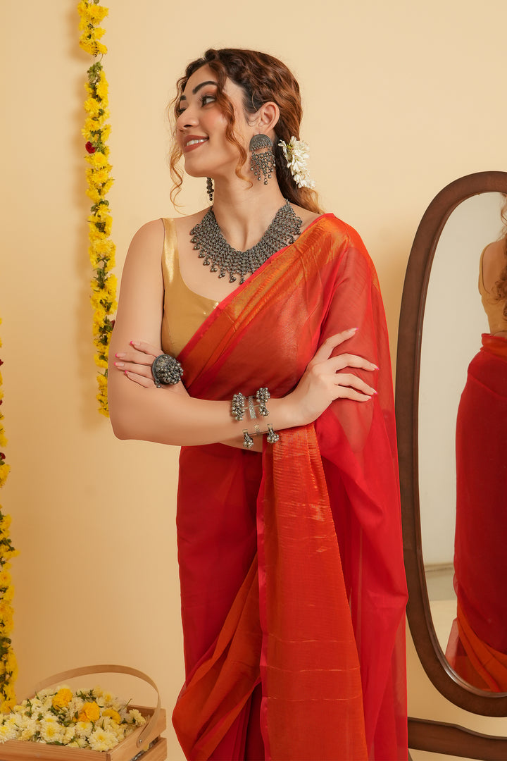 Teejh Sanah Red Chiffon Ready to Drape Saree