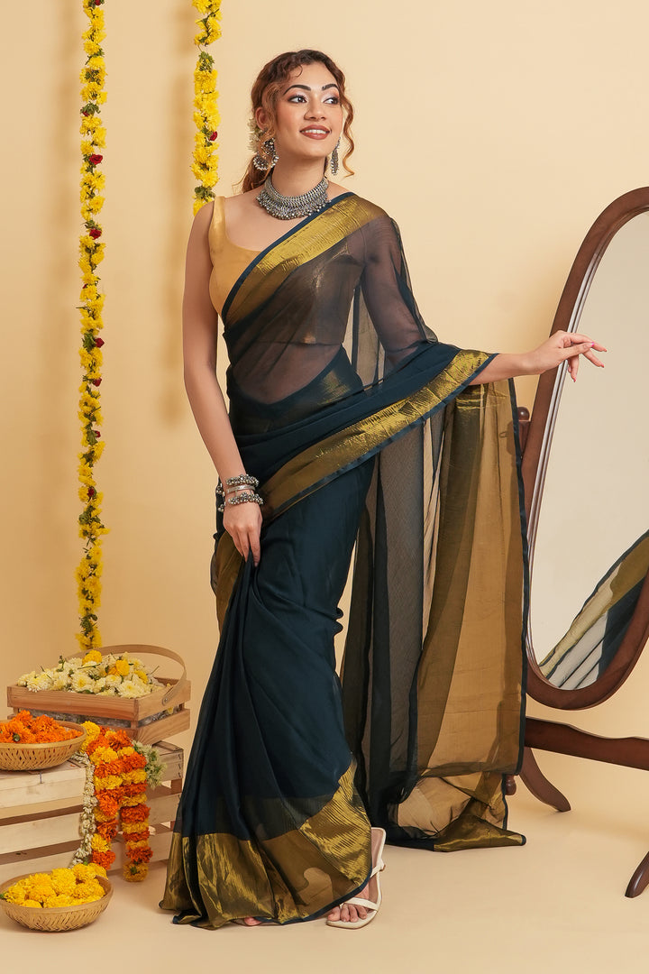 Teejh Sanah Blue Chiffon Ready to Drape Saree