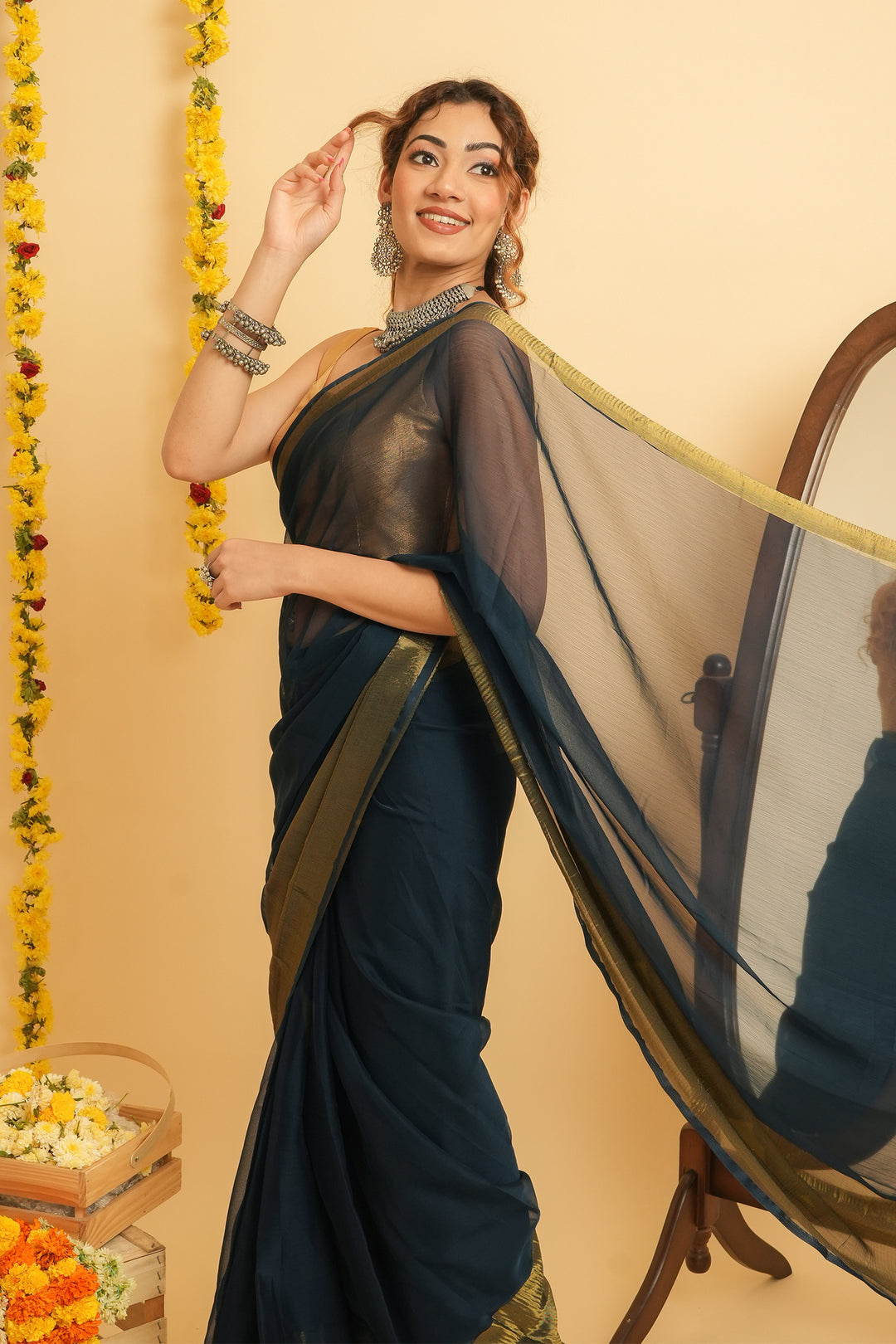Teejh Sanah Blue Chiffon Ready to Drape Saree