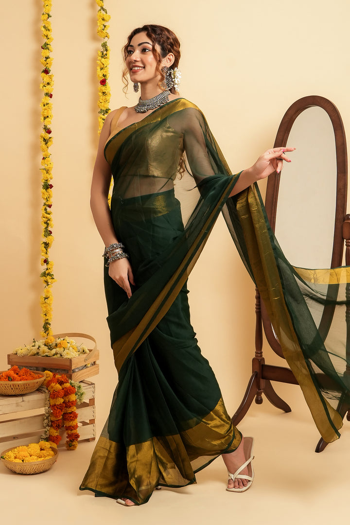Teejh Sanah Bottle Green Chiffon Ready to Drape Saree