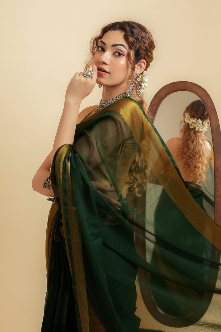 Teejh Sanah Bottle Green Chiffon Ready to Drape Saree