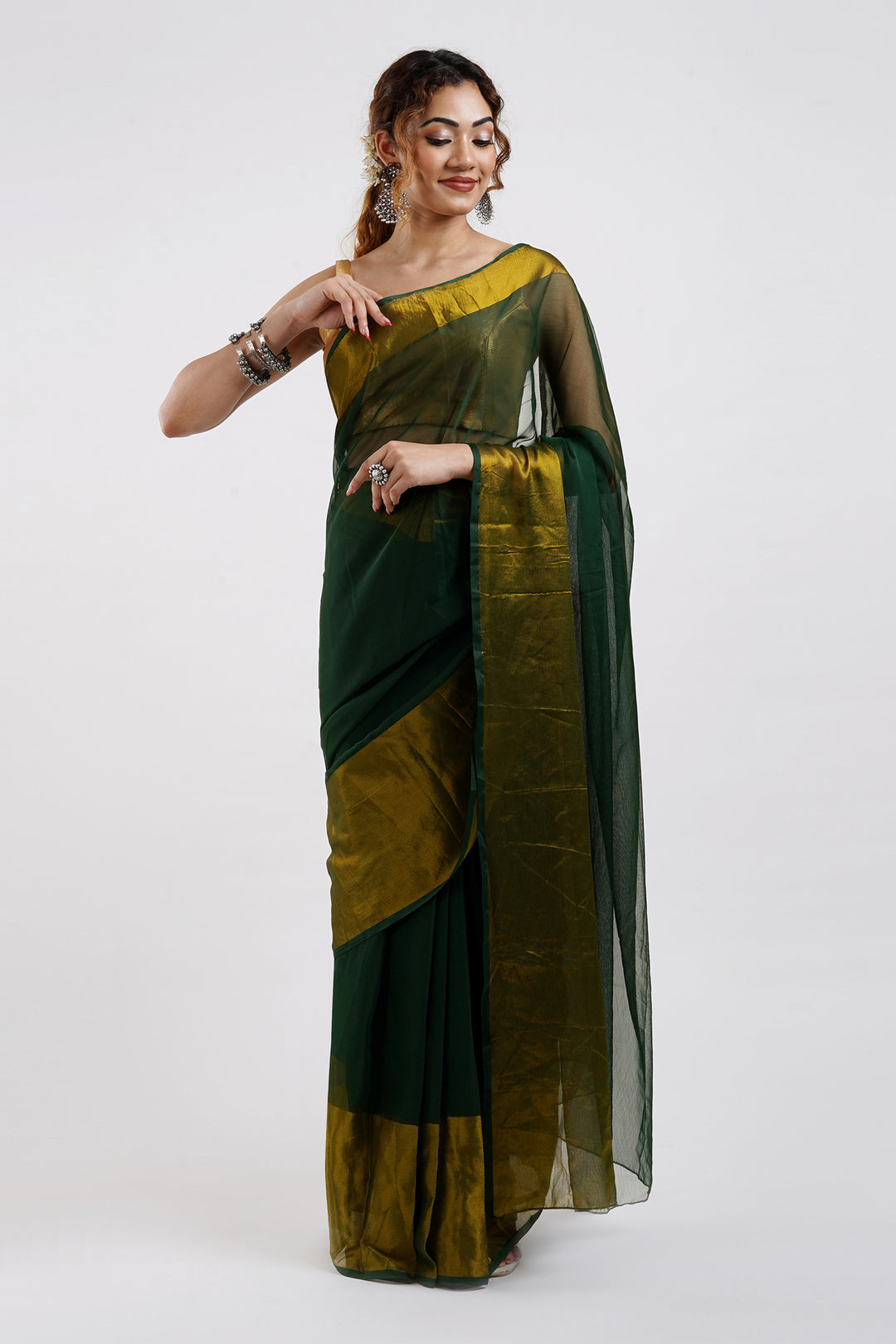 Teejh Sanah Bottle Green Chiffon Ready to Drape Saree
