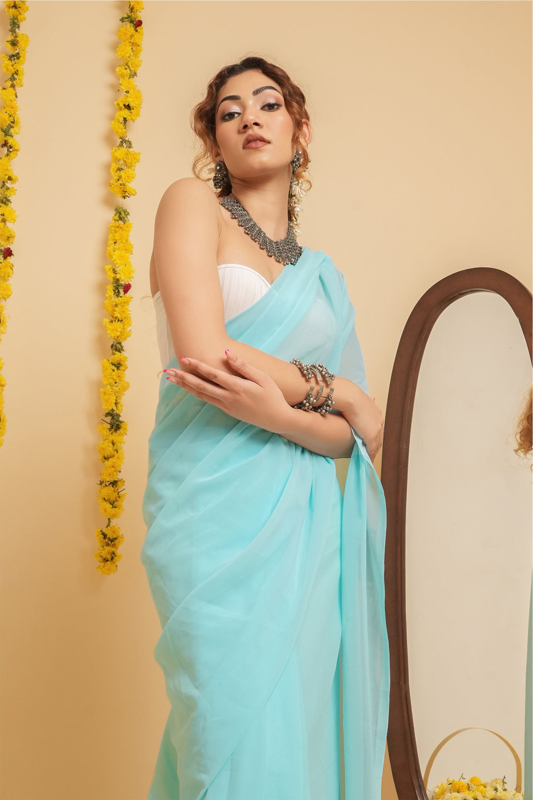 Teejh Farah Turquoise Georgette Ready to Drape Saree