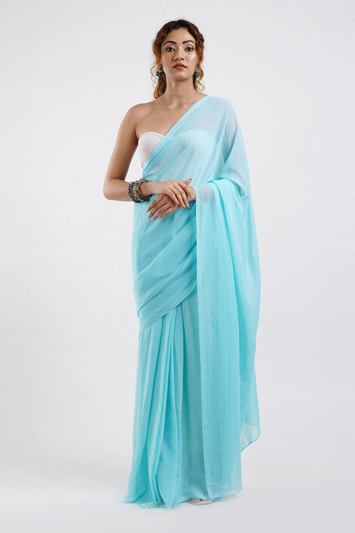Teejh Farah Turquoise Georgette Ready to Drape Saree