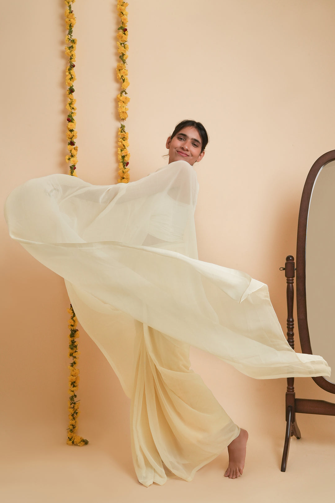Teejh Farah Cream Georgette Ready to Drape Saree