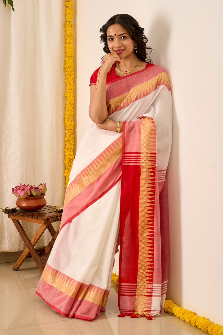 Teejh Aachal White &amp; Red Soft Cotton saree
