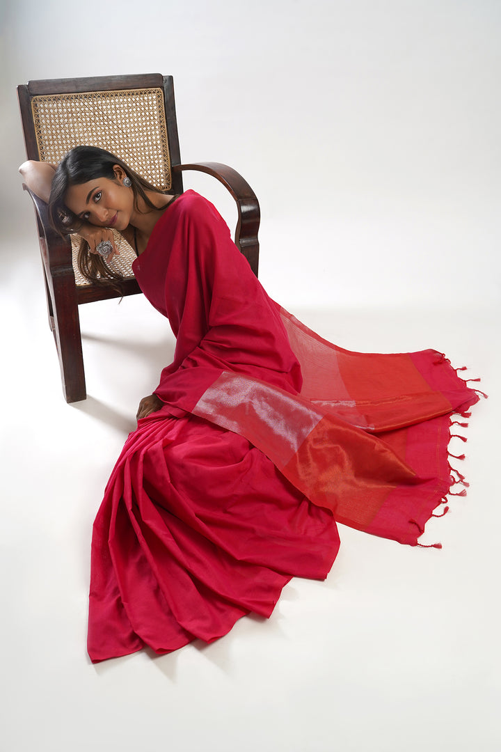 Teejh Pink Punch Hand-Woven Cotton Tissue Saree with Blouse Piece