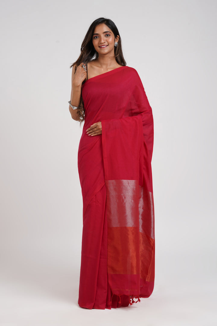 Teejh Pink Punch Hand-Woven Cotton Tissue Saree with Blouse Piece