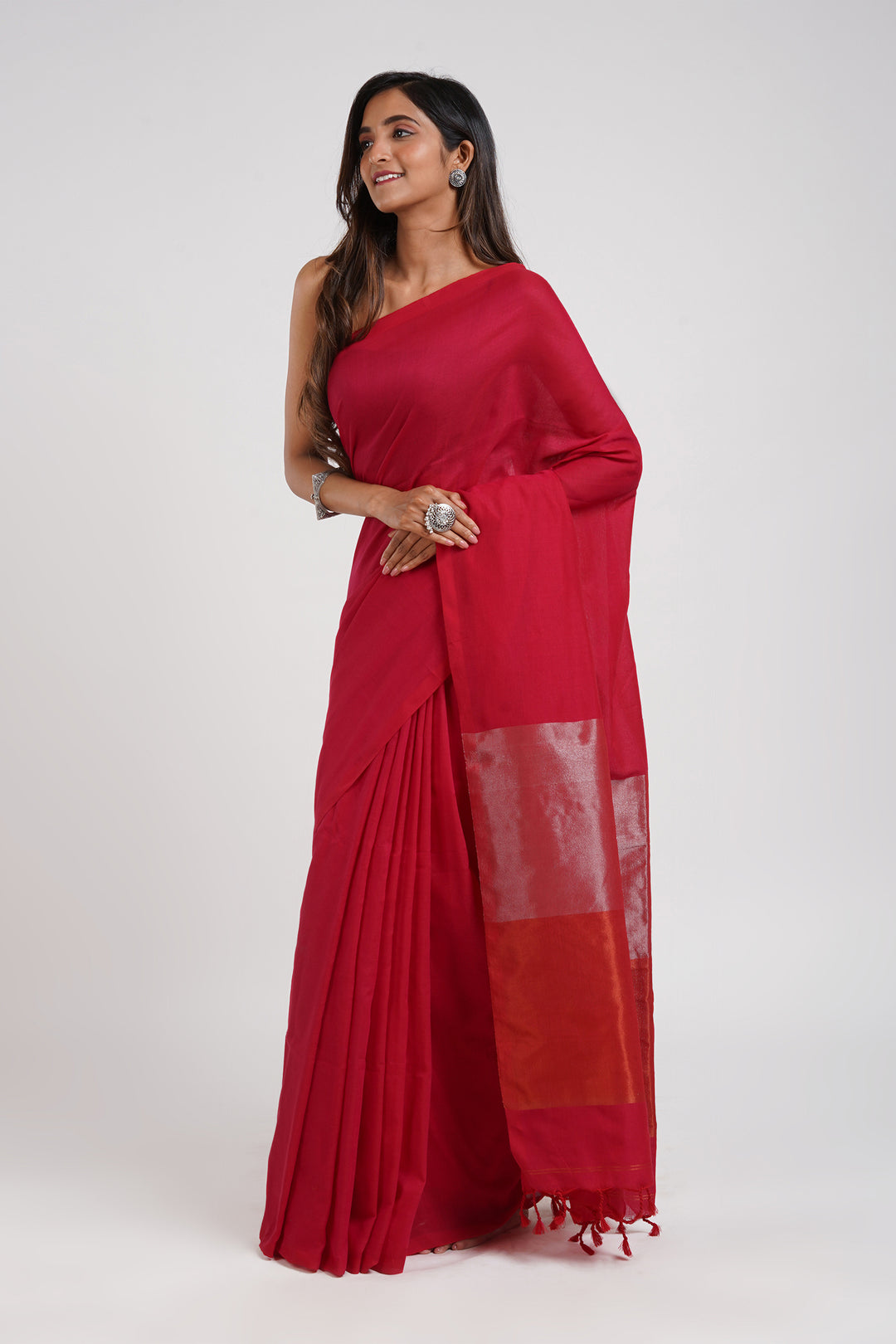 Teejh Pink Punch Hand-Woven Cotton Tissue Saree with Blouse Piece