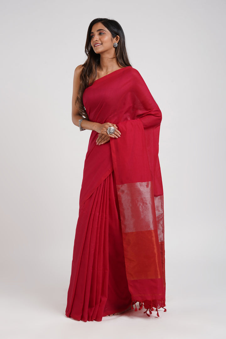 Teejh Pink Punch Hand-Woven Cotton Tissue Saree with Blouse Piece