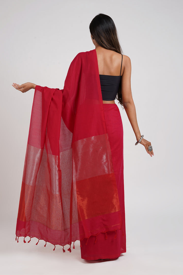 Teejh Pink Punch Hand-Woven Cotton Tissue Saree with Blouse Piece