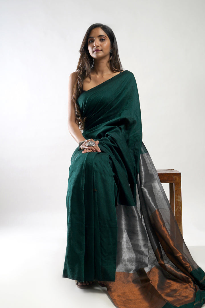 Teejh Mystical Green Hand Woven Cotton Tissue Saree with Blouse Piece