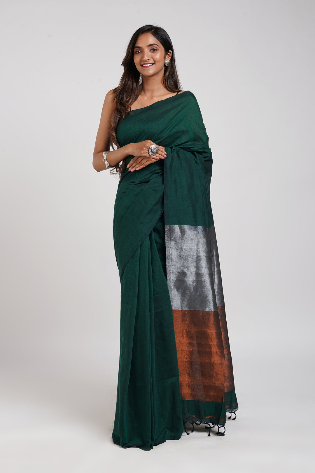 Teejh Mystical Green Hand Woven Cotton Tissue Saree with Blouse Piece