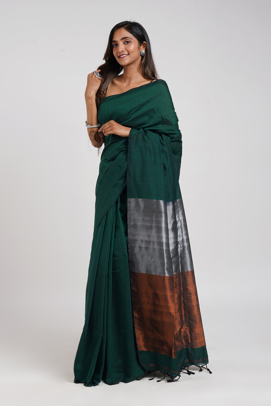 Teejh Mystical Green Hand Woven Cotton Tissue Saree with Blouse Piece