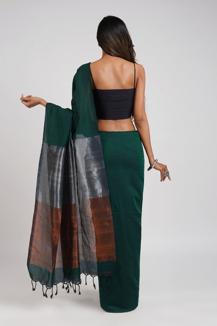 Teejh Mystical Green Hand Woven Cotton Tissue Saree with Blouse Piece
