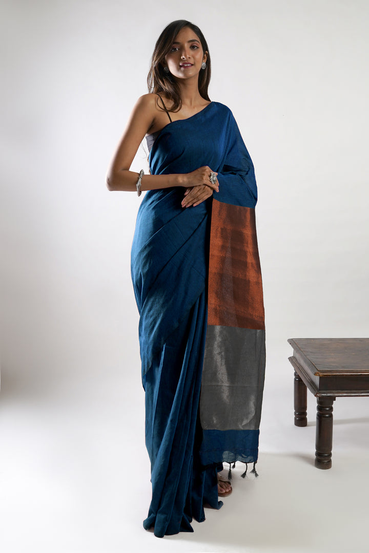 Teejh Inara Blue Hand Woven Cotton Tissue Weaving Saree with Blouse Piece