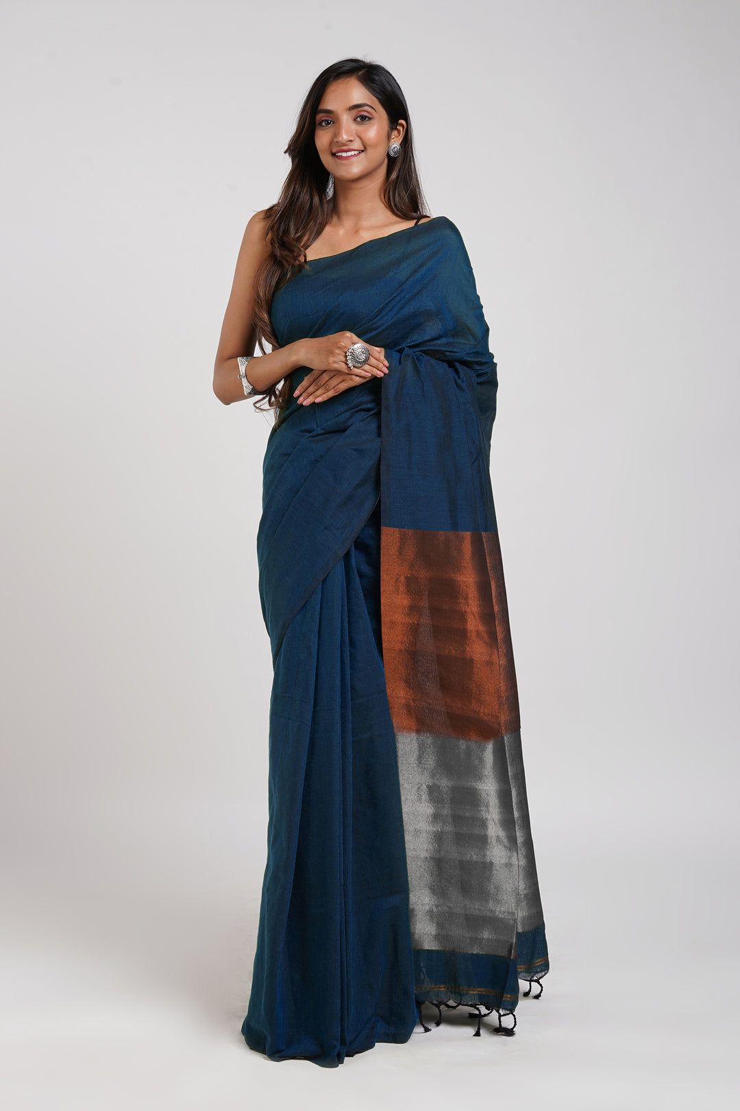 Teejh Inara Blue Hand Woven Cotton Tissue Weaving Saree with Blouse Piece