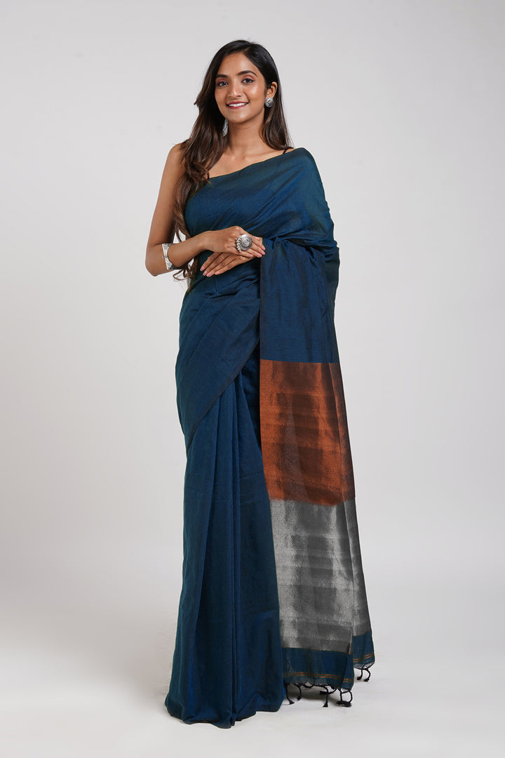 Teejh Inara Blue Hand Woven Cotton Tissue Weaving Saree with Blouse Piece