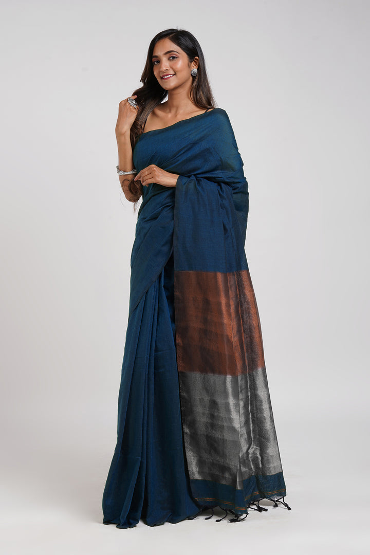 Teejh Inara Blue Hand Woven Cotton Tissue Weaving Saree with Blouse Piece