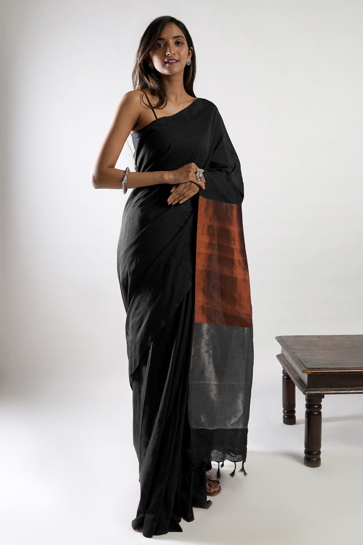 Teejh Dusk and Dawn Black Hand Woven Cotton Tissue  Saree with Blouse Piece