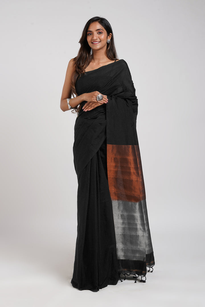 Teejh Dusk and Dawn Black Hand Woven Cotton Tissue  Saree with Blouse Piece